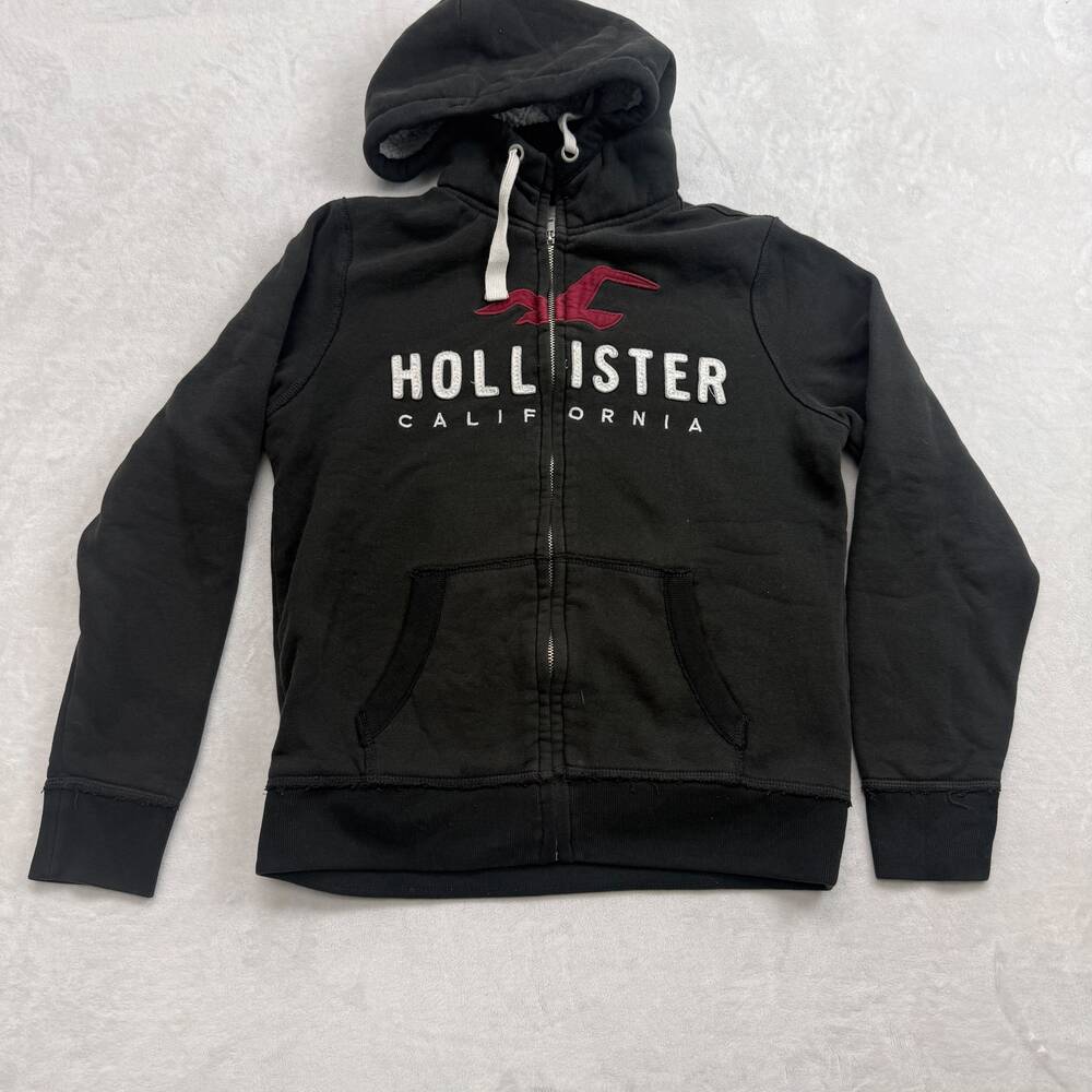 Hollister Men's Sherpa Lined Zip Hoodie Black Size M California Graphic Logo